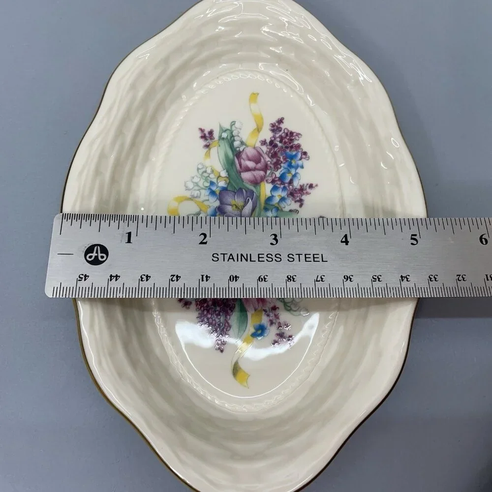 Vintage Lenox‎ Floral Basket Weave Dish Tray Candy Trinket Porcelain Gold Trim